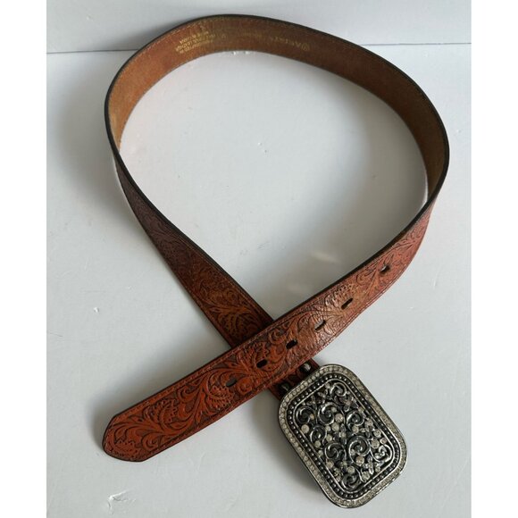 ARIAT Women's Brown Leather Belt Silver Rhinestone Fillagree Buckle Size M READ‎ - Picture 3 of 11